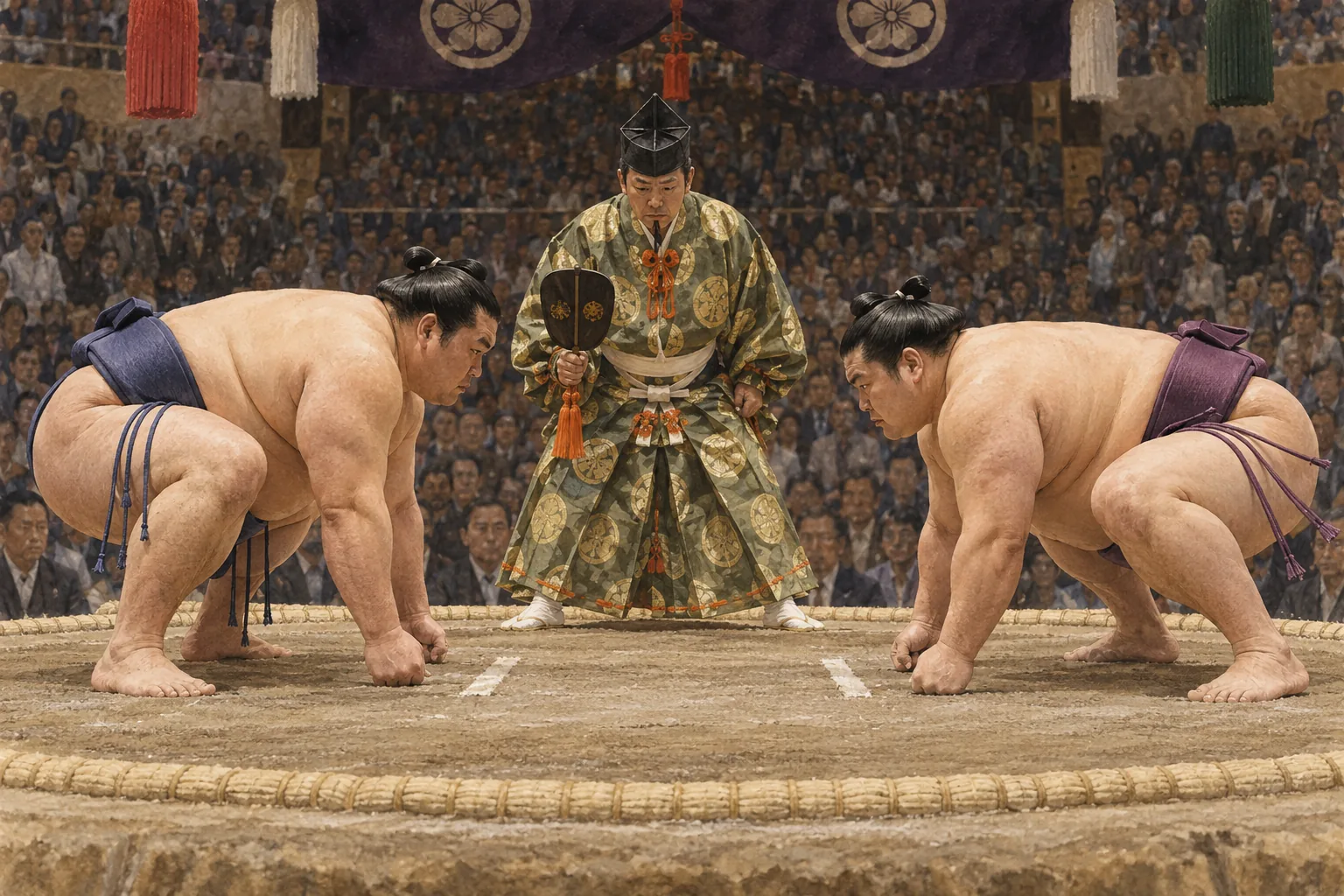 仕切りから立合いに移る直前の力士