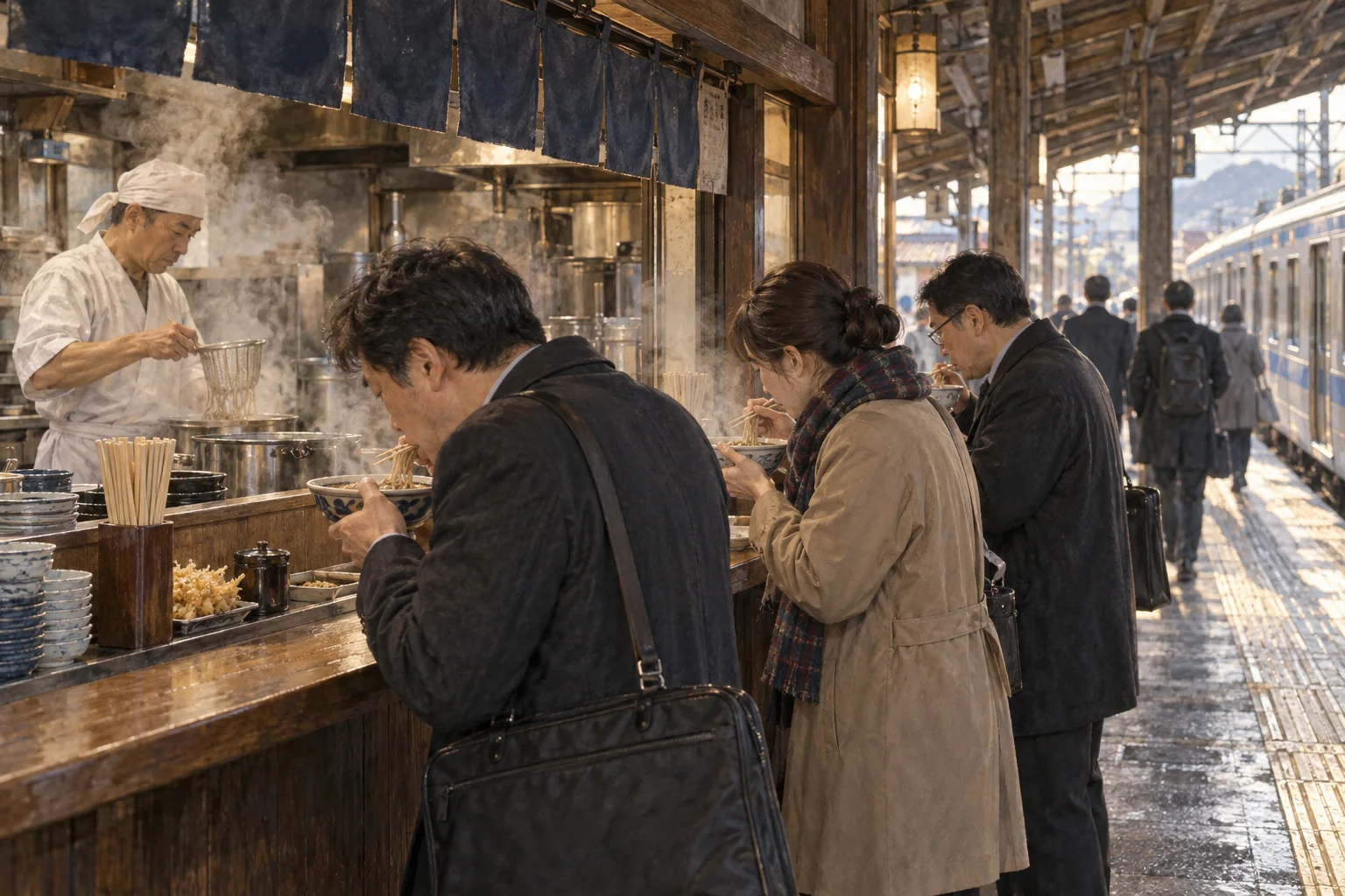 駅そばの立ち食いカウンターでそばを食べる通勤客