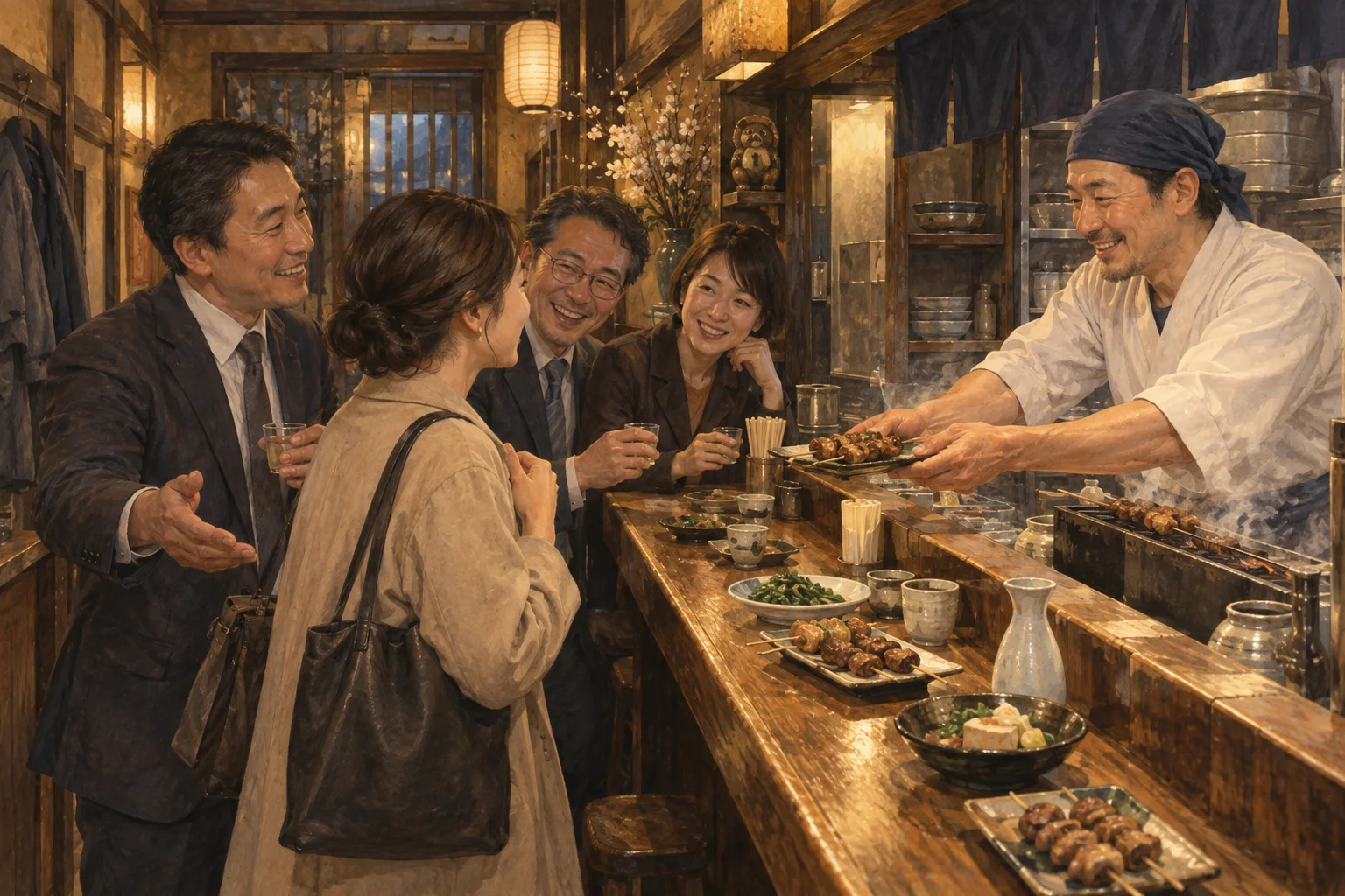仕事帰りに立ち飲み店で小皿料理を楽しむ大人たち