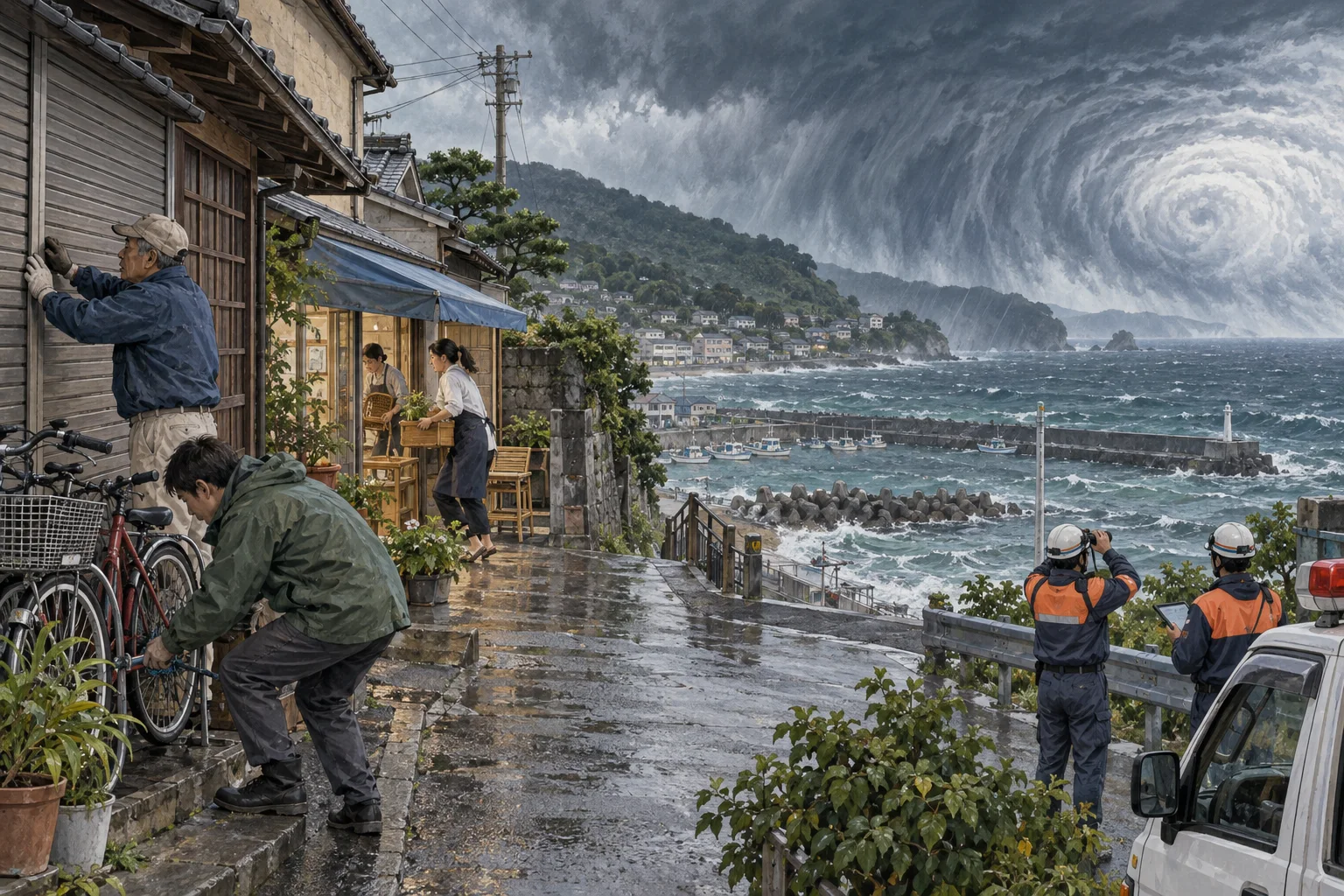 台風の接近に備えて家や店を守る住民