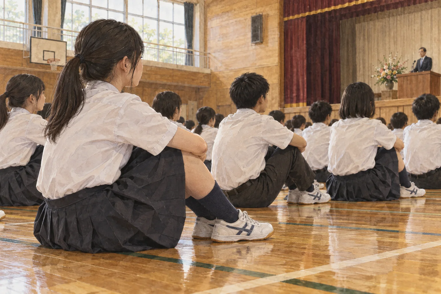 体育館で体育座りをして話を聞く生徒