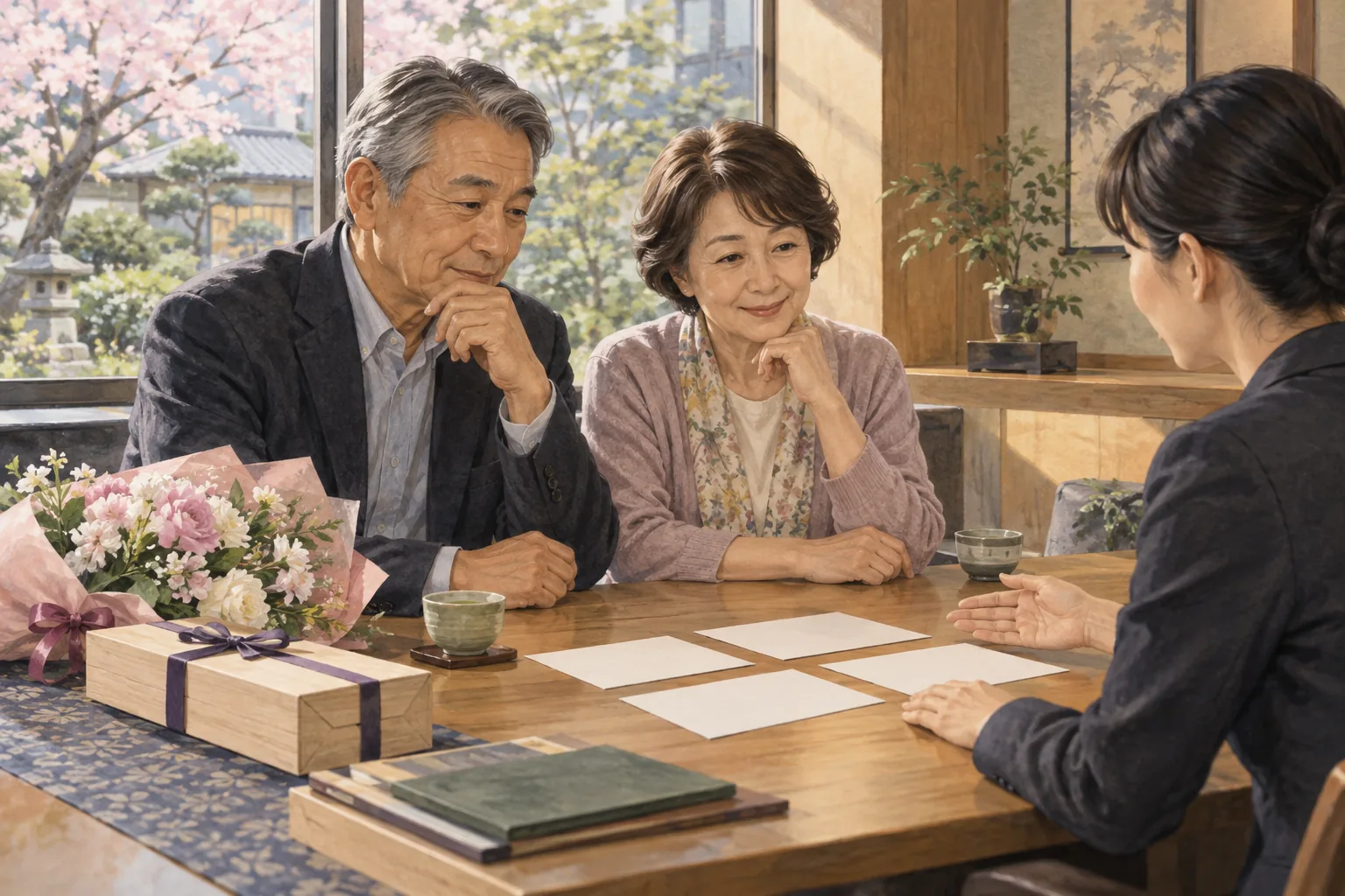 退職式の花束を傍らに退職金の使い方を相談する夫婦