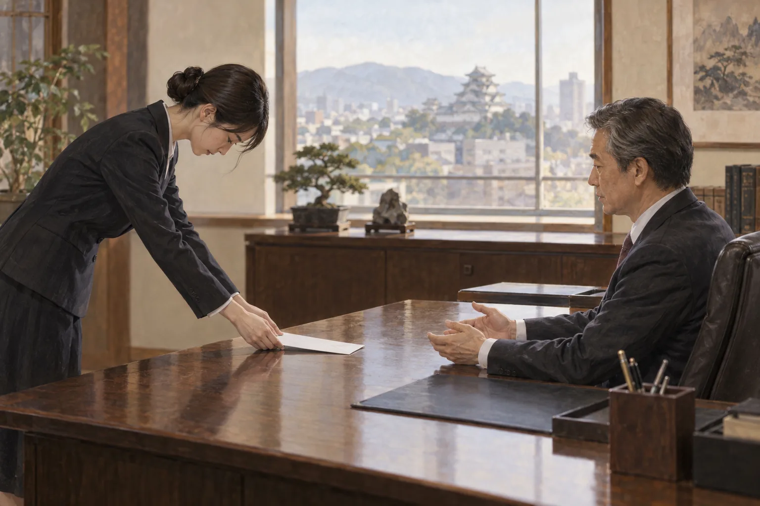 始業前の静かな上司の机に退職届の封筒を差し出す社員