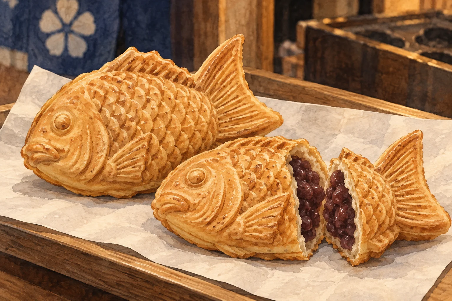 魚の形のたい焼きと、粒あんの詰まった断面が見える一切れ