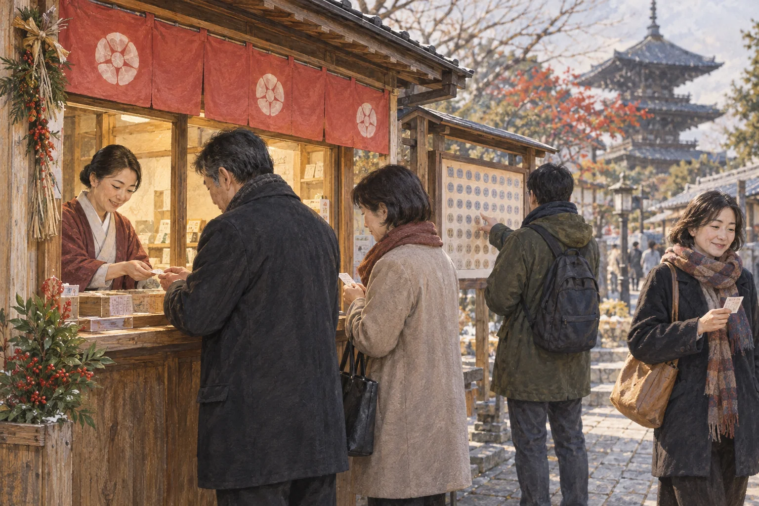 街角の売り場で宝くじを購入する人々