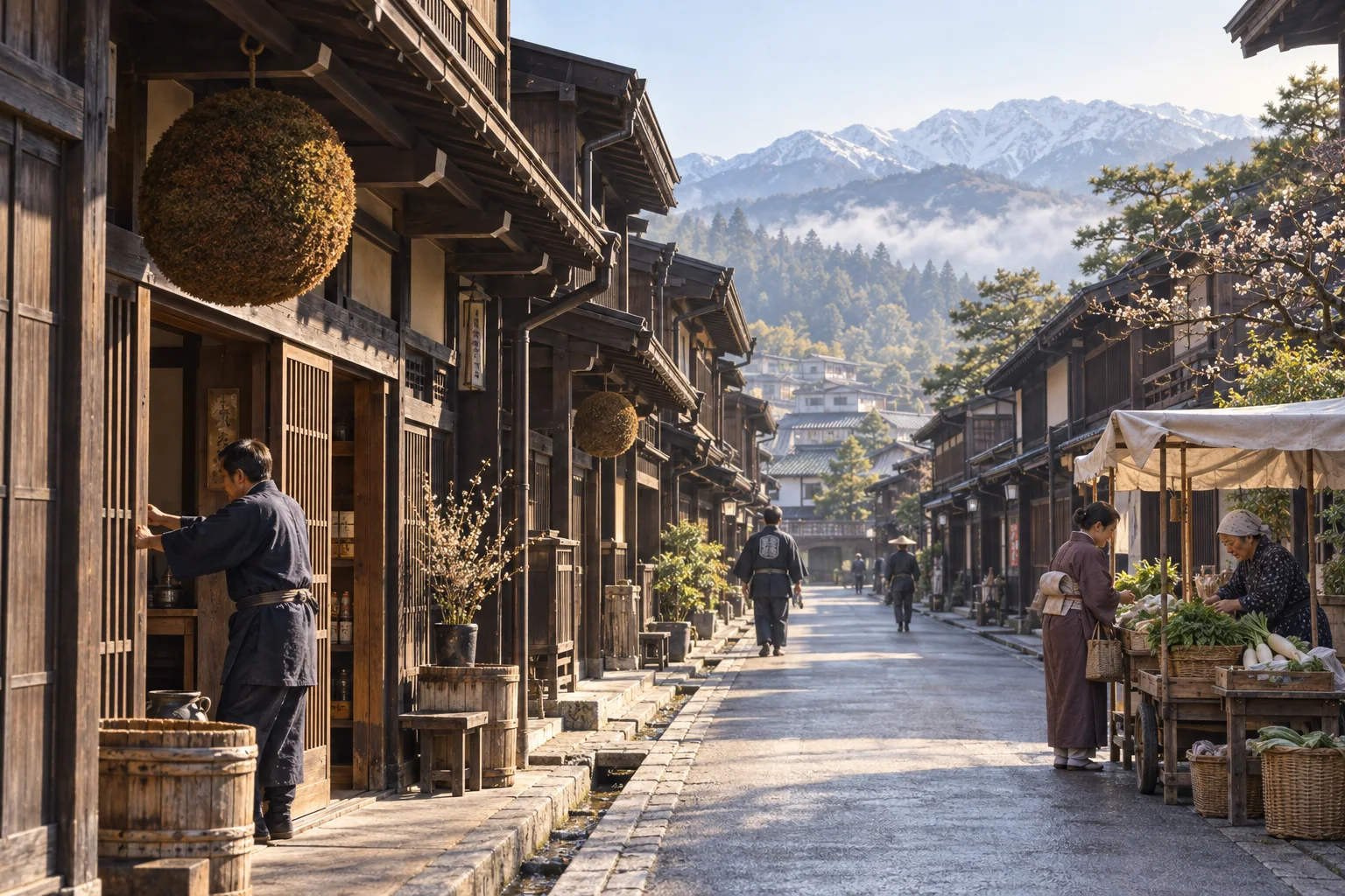高山の古い町並みで朝を迎える商家