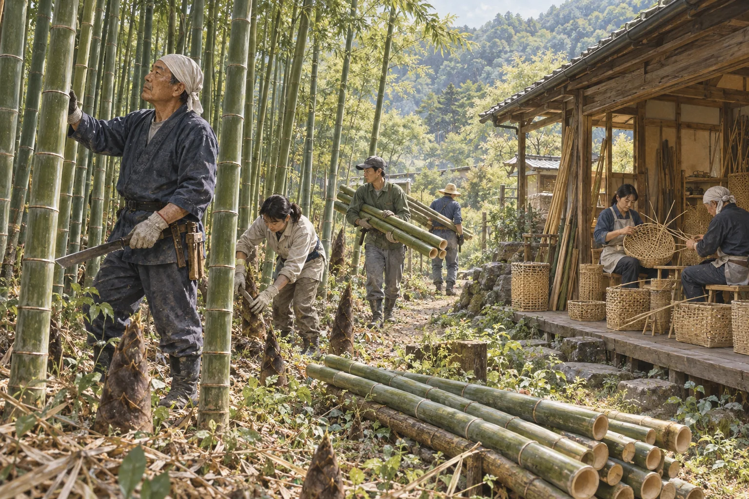 竹林を手入れし工芸用の竹を運ぶ職人と地域の人々