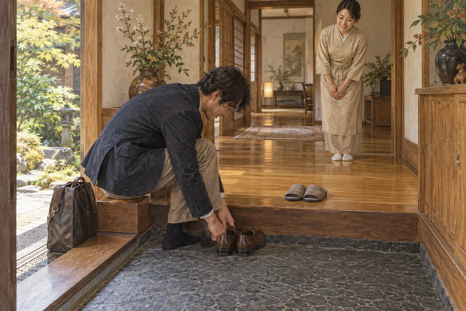 玄関で靴を脱いで向きを整える客