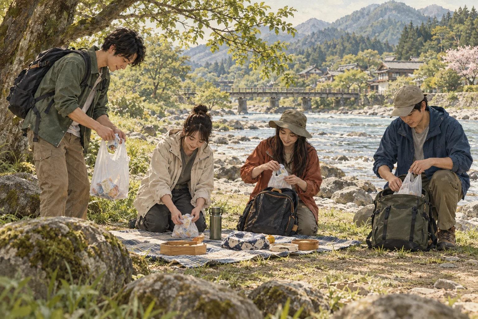 公園で出たごみを袋にまとめて持ち帰る人々