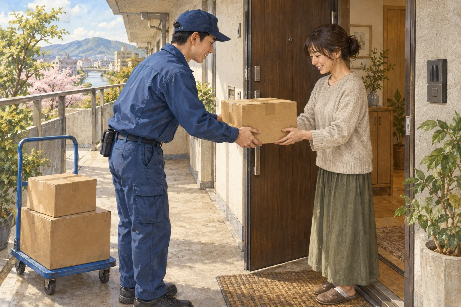 玄関で宅配便の荷物を受け取る住人