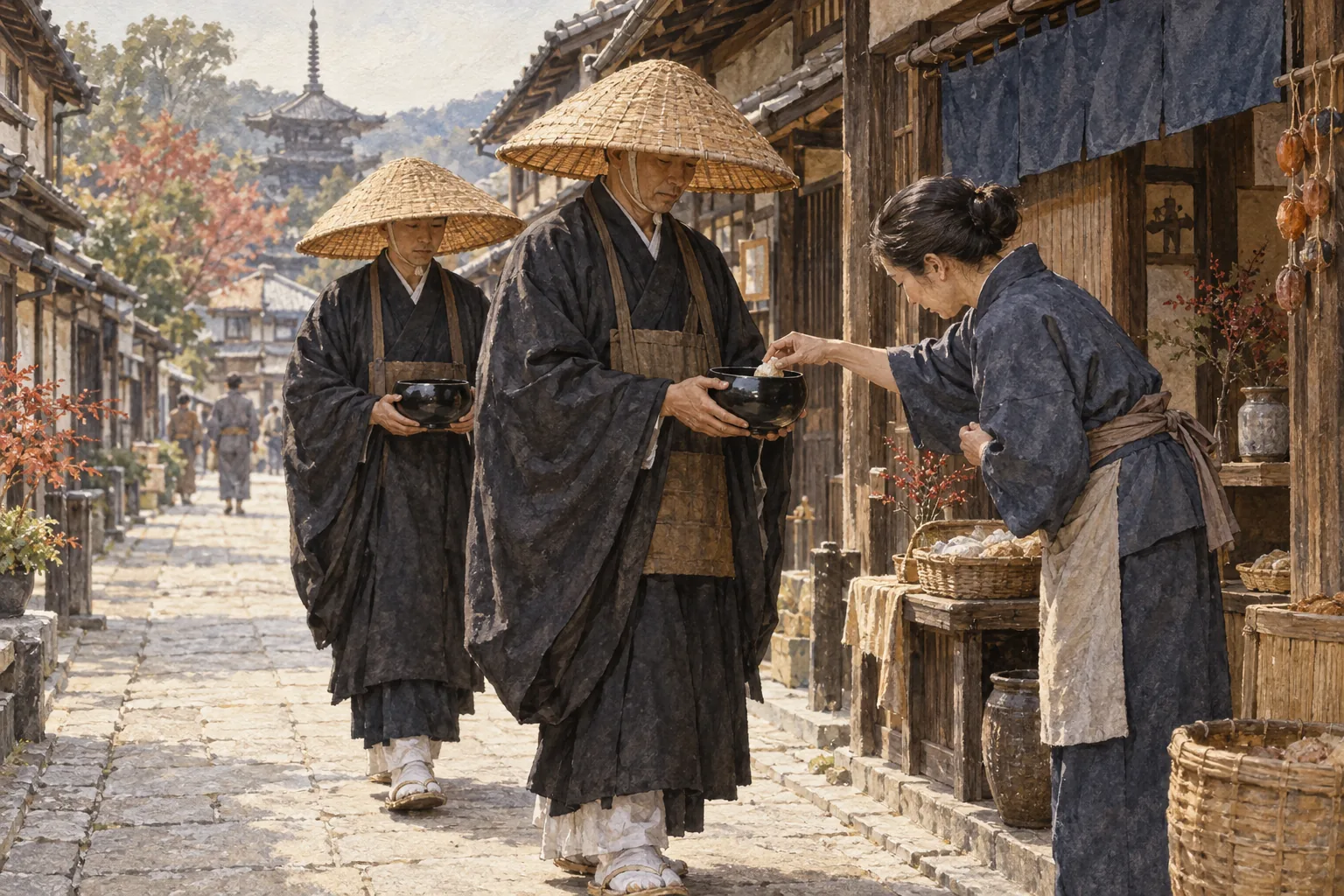 商店街で托鉢を行う笠姿の僧侶