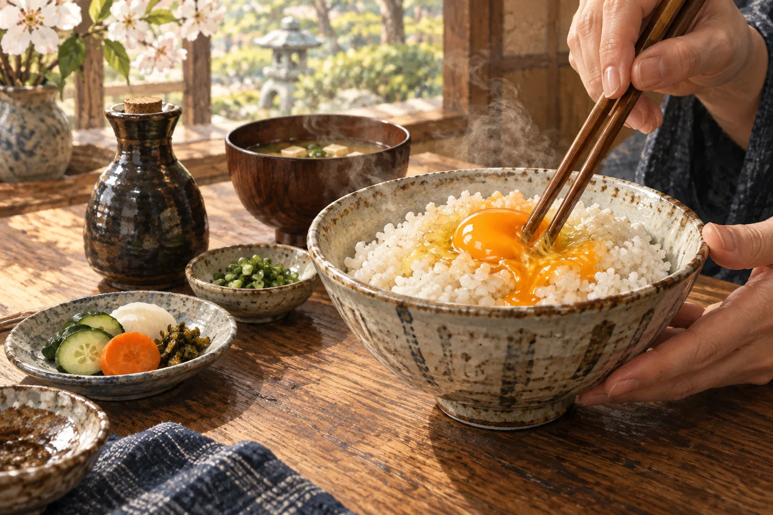 炊きたてのご飯に生卵を混ぜる卵かけご飯