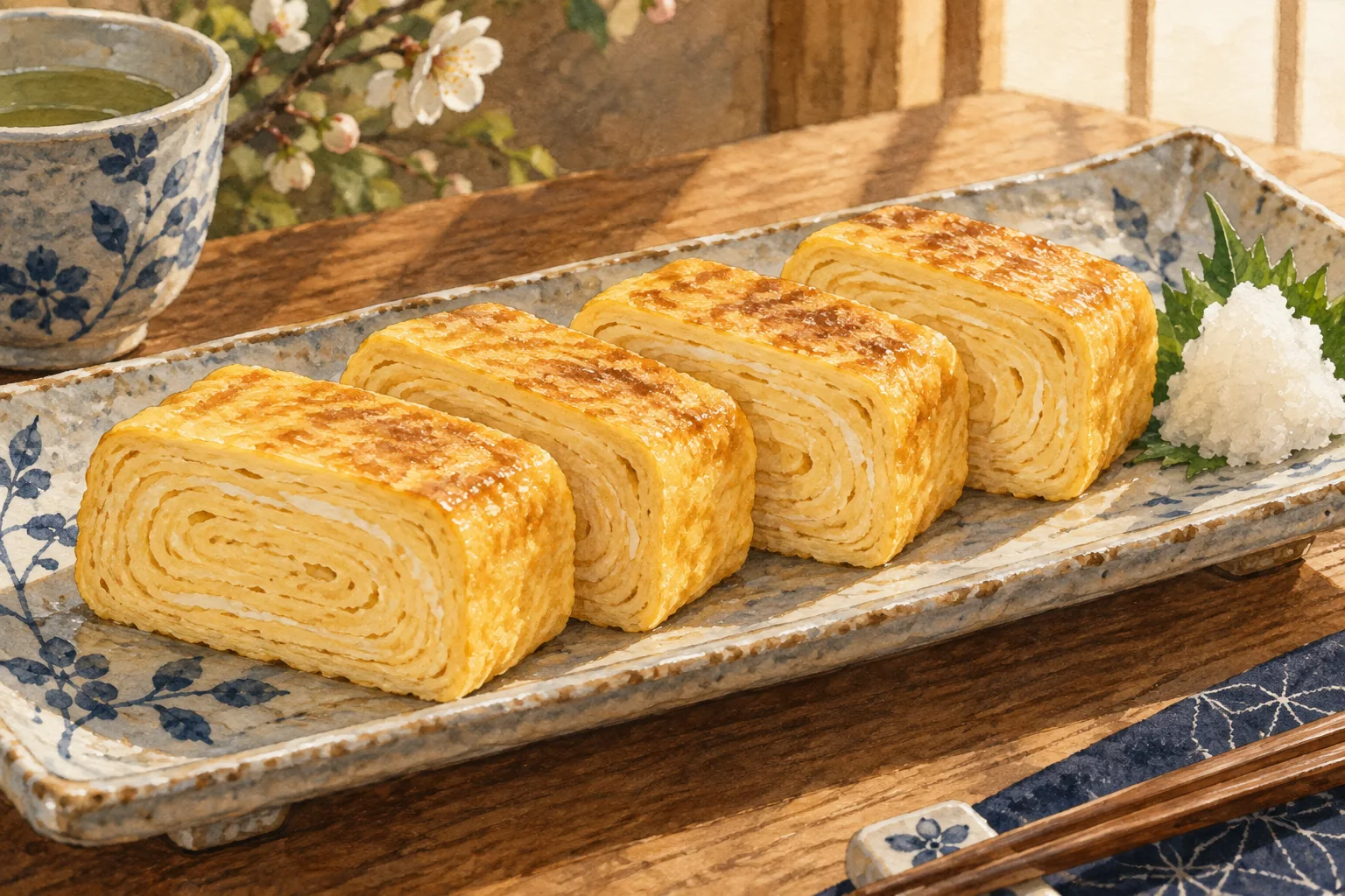断面に重なった層が見える卵焼きと大根おろし