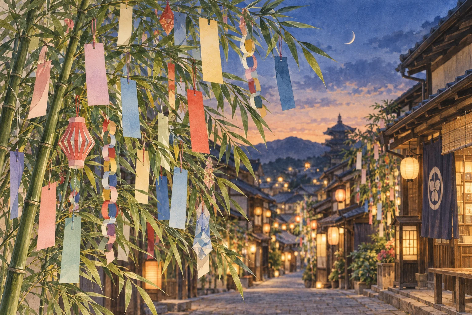 夕暮れの町並みを背景に、竹に色とりどりの短冊や紙飾りをつるした七夕飾り