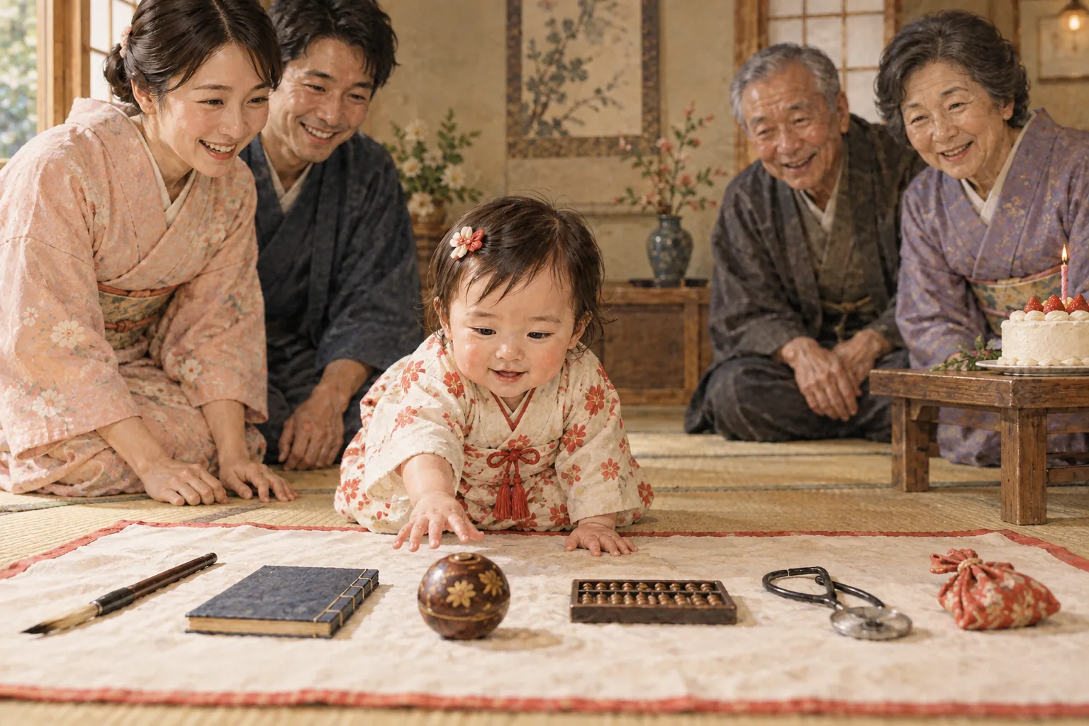一歳の誕生日に選び取りを見守る家族