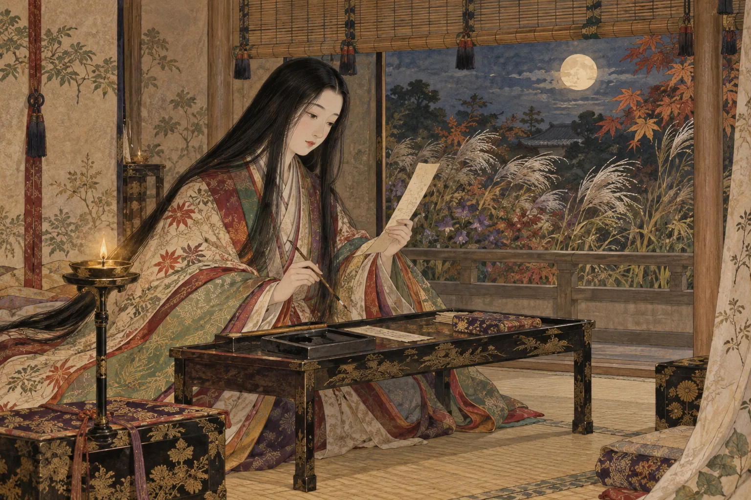 月と秋草を眺めながら短歌を記す平安時代の女性