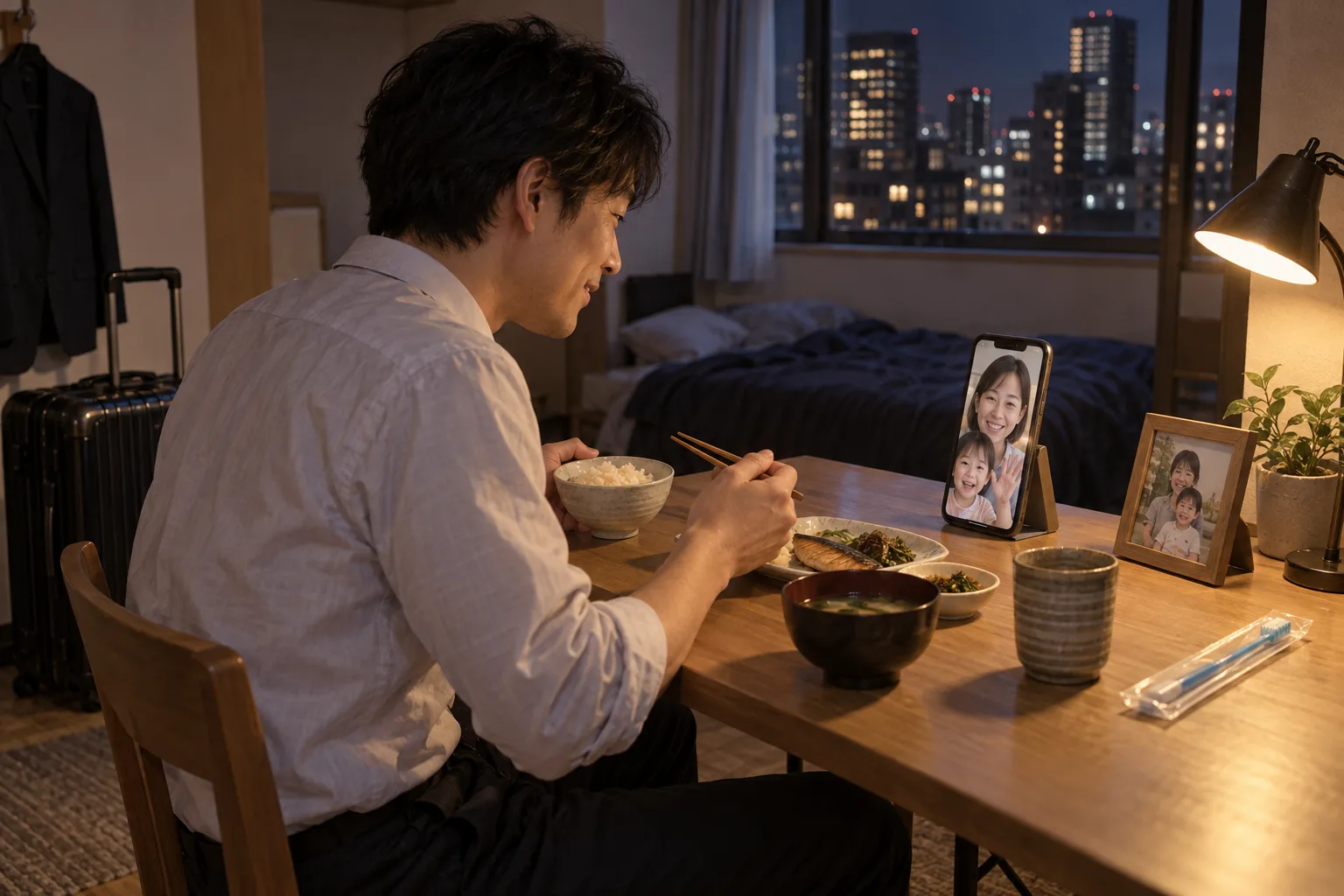 赴任先のワンルームで家族とビデオ通話をする単身赴任の父親
