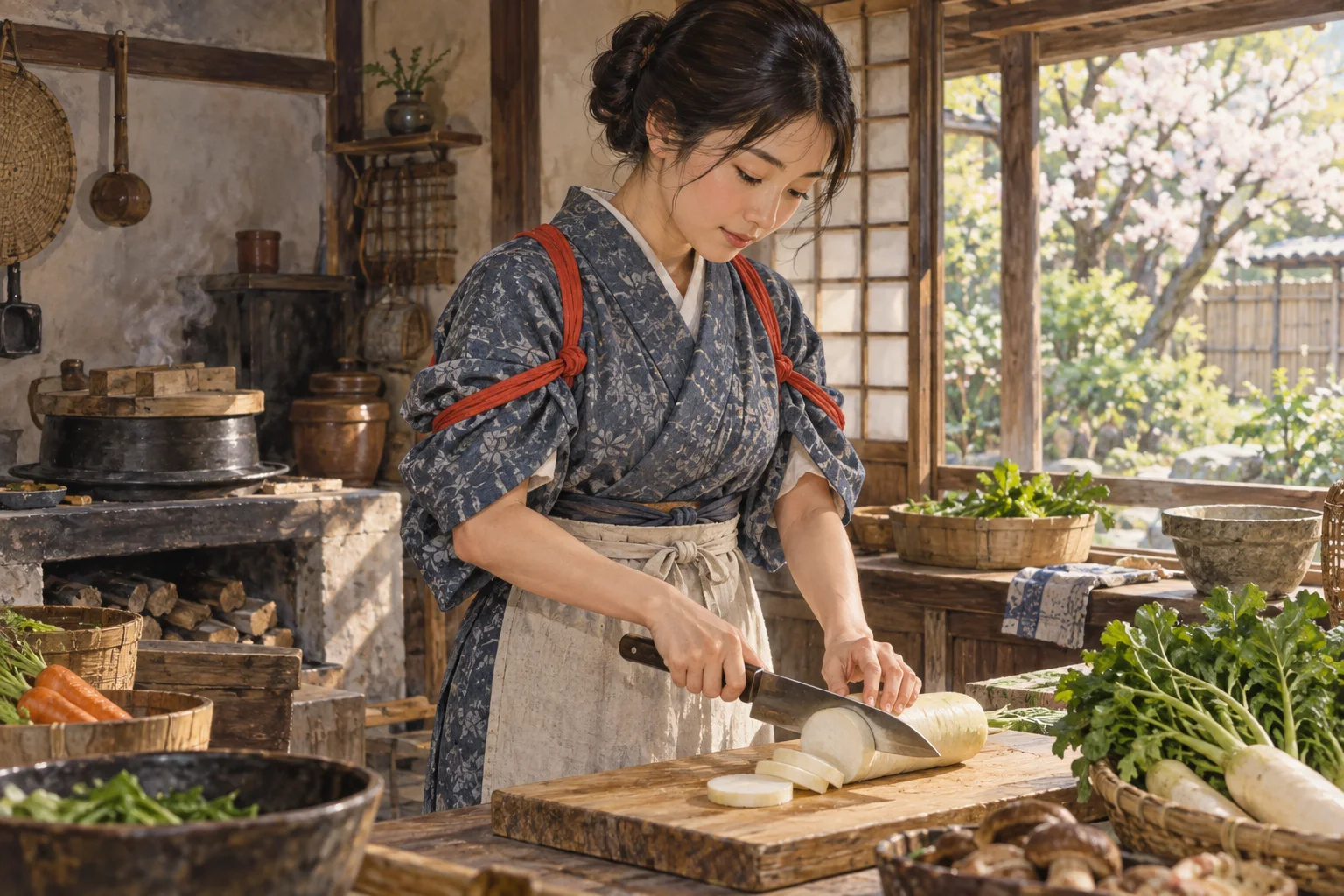たすきで着物の袖を上げて料理する人