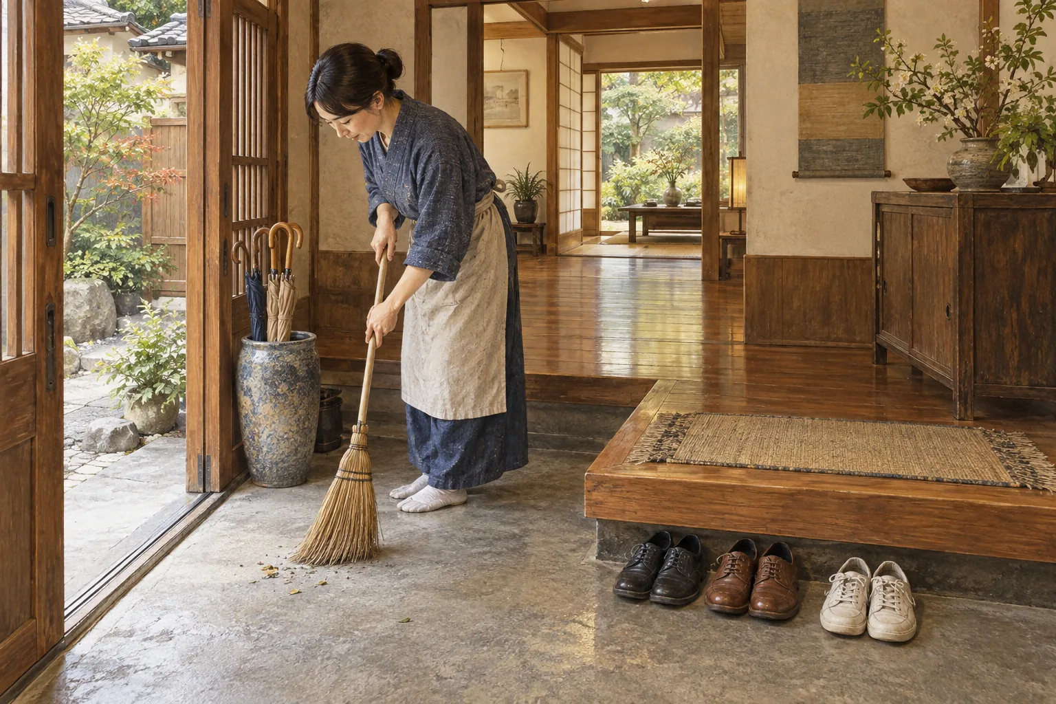 玄関のたたきを掃除する住人
