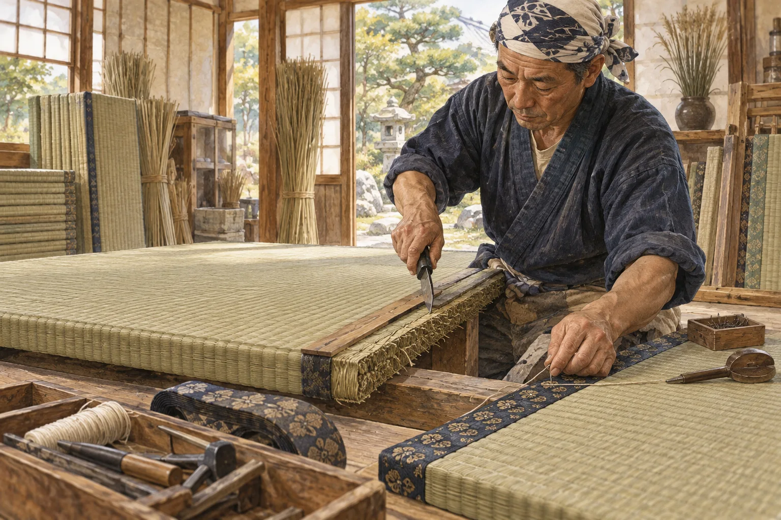 畳を測り縁を手縫いする畳職人
