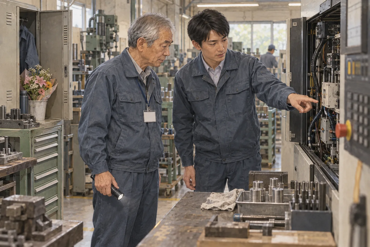 定年後に再雇用され同じ職場へ新しい立場で戻る技術者