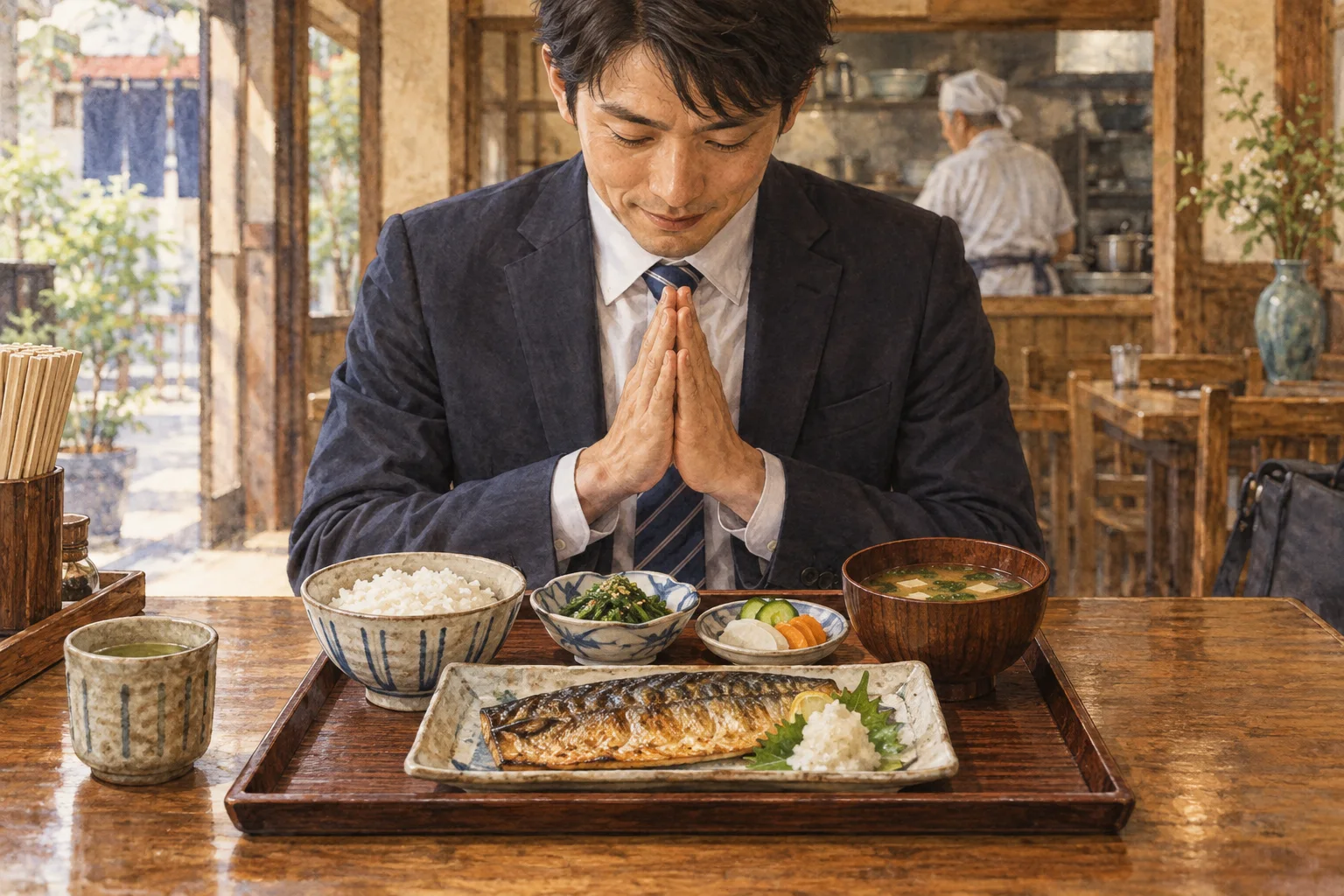 焼き魚やご飯、汁物がそろった定食