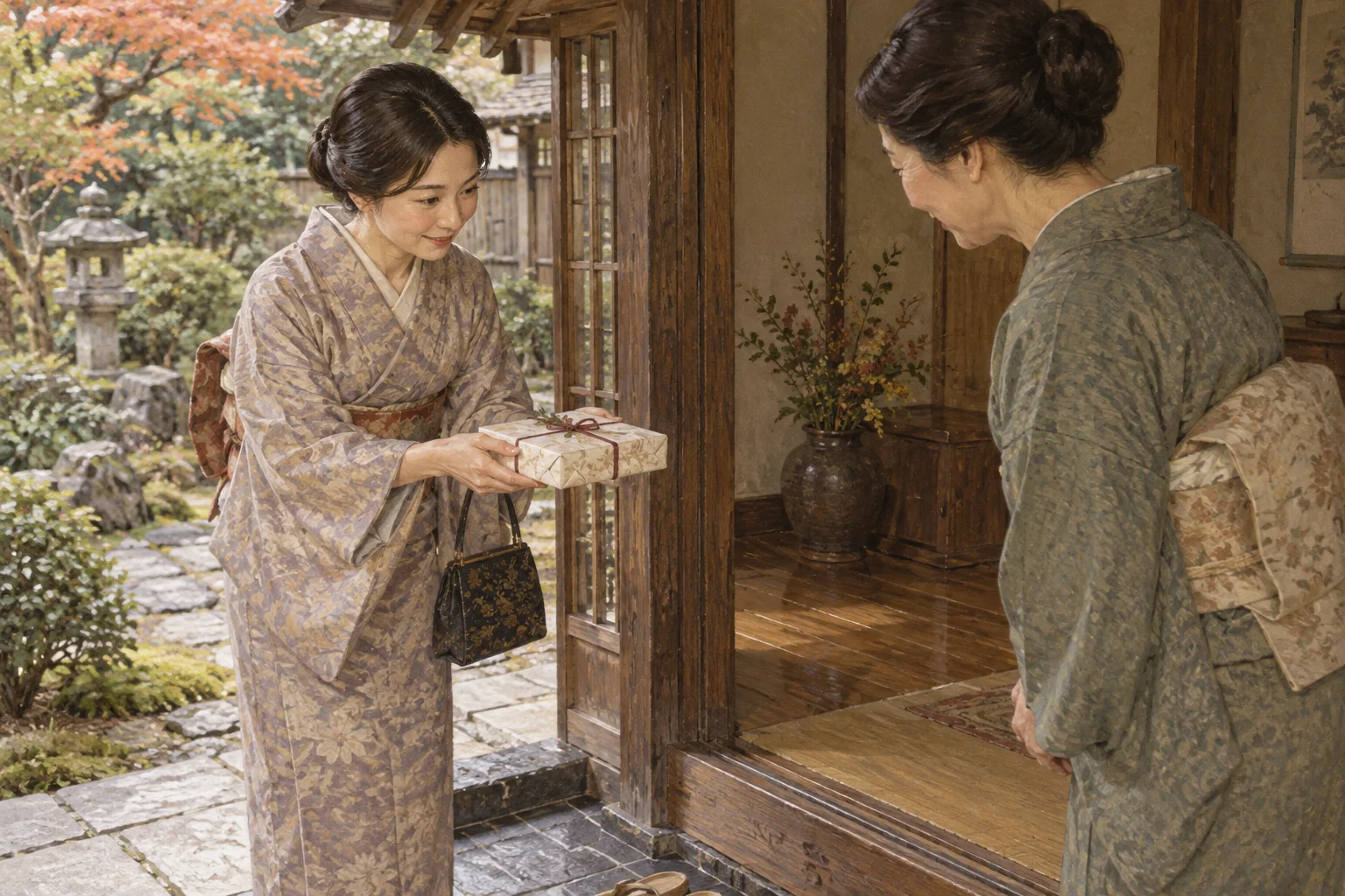 訪問先の玄関で手土産を両手で渡す客