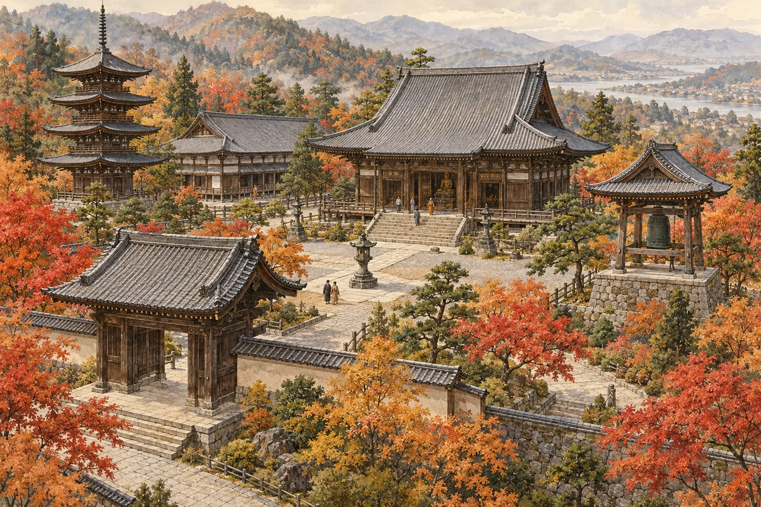 本堂、塔、鐘楼、門が並ぶ寺院の伽藍