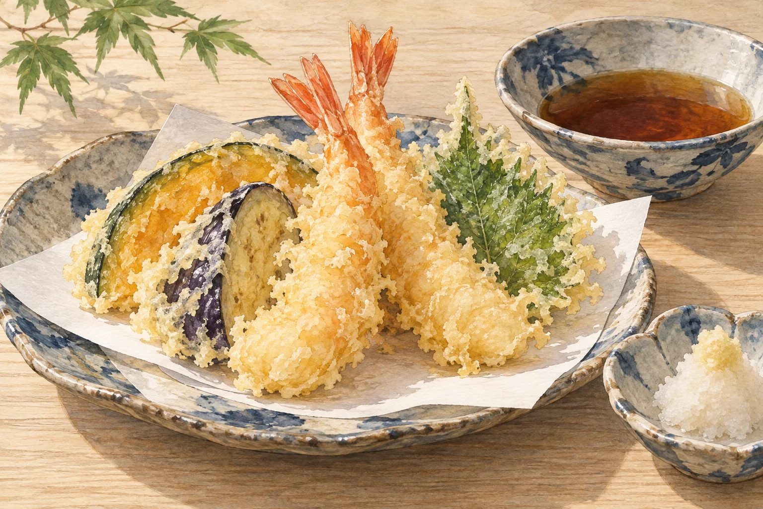 海老と季節の野菜の天ぷらを、天つゆと大根おろしとともに盛り付けた一皿