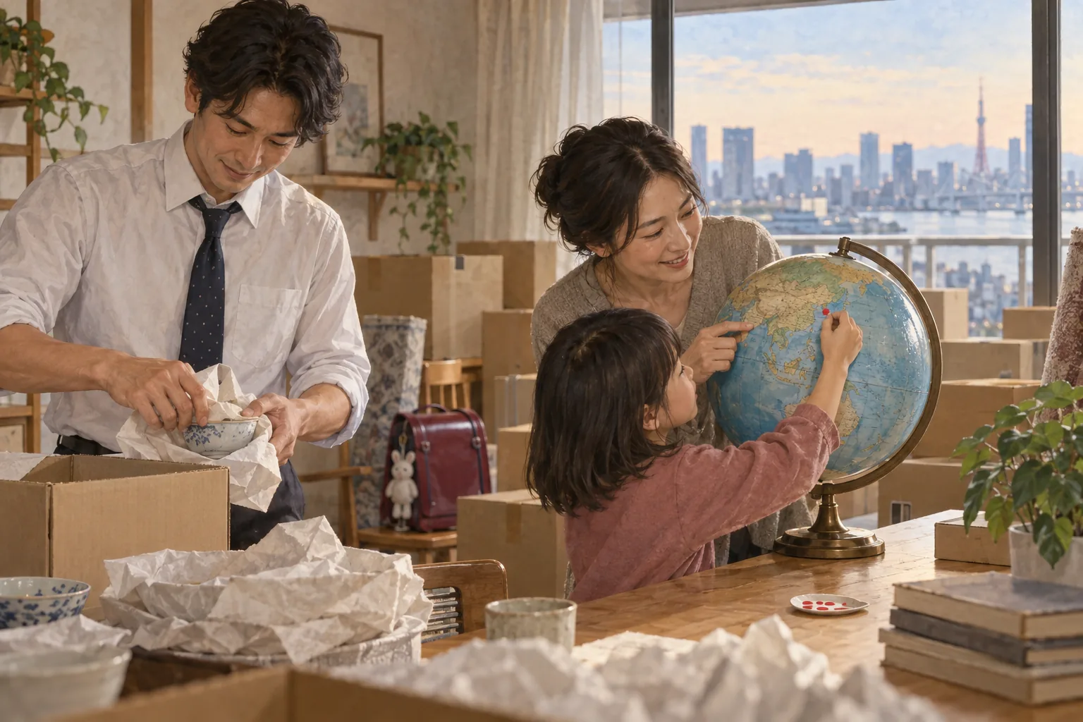 転勤に向けて家族で引っ越しの荷造りをする家庭