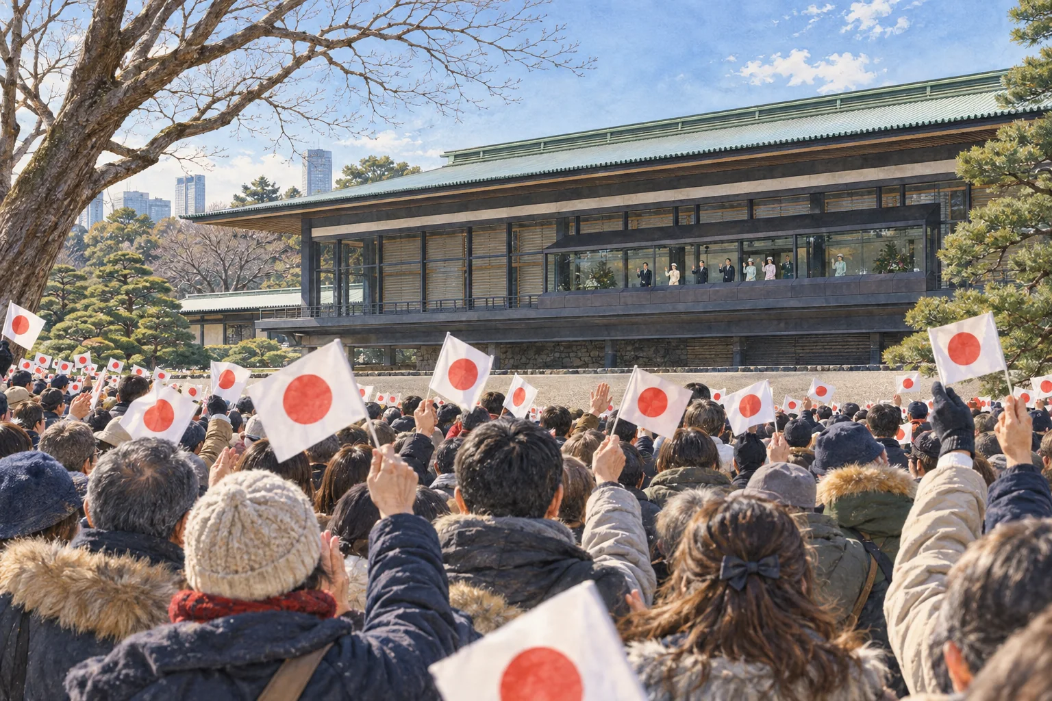 皇居の一般参賀で小旗を振る人々