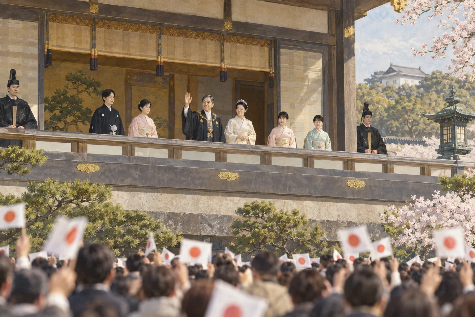 宮殿で国民に挨拶する天皇の儀礼的な姿