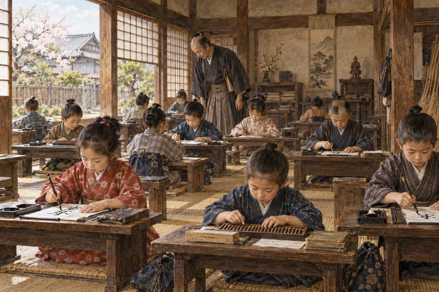 寺子屋で筆習字とそろばんを学ぶ江戸時代の子どもたち