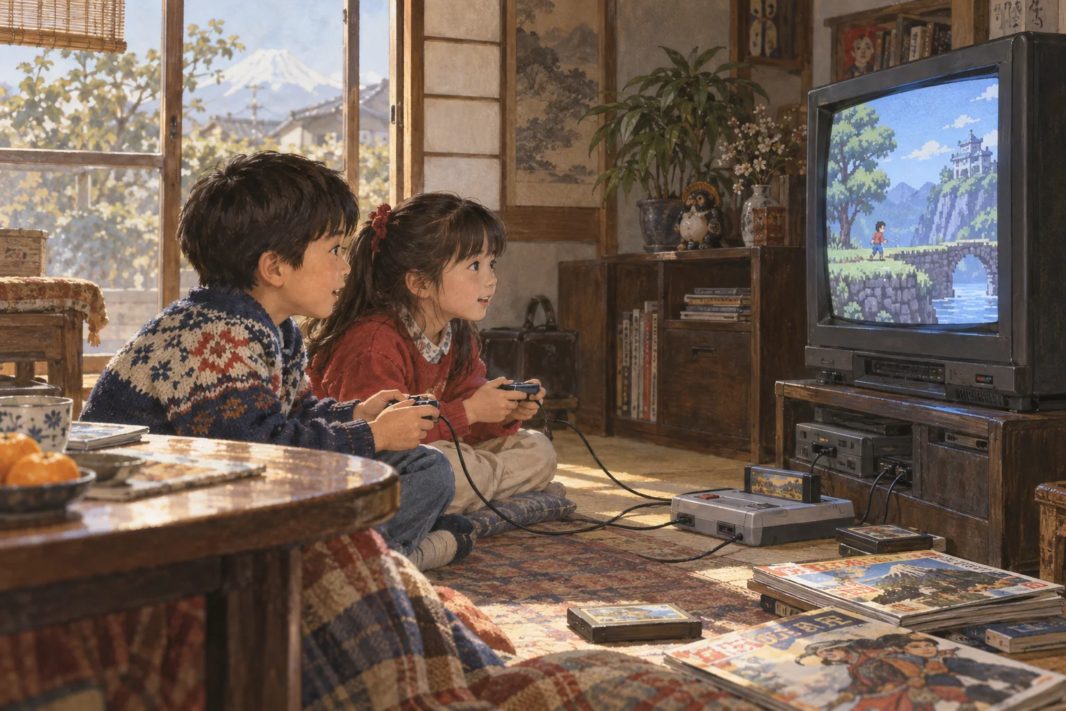 ブラウン管テレビでゲームを遊ぶ昭和末期のきょうだい