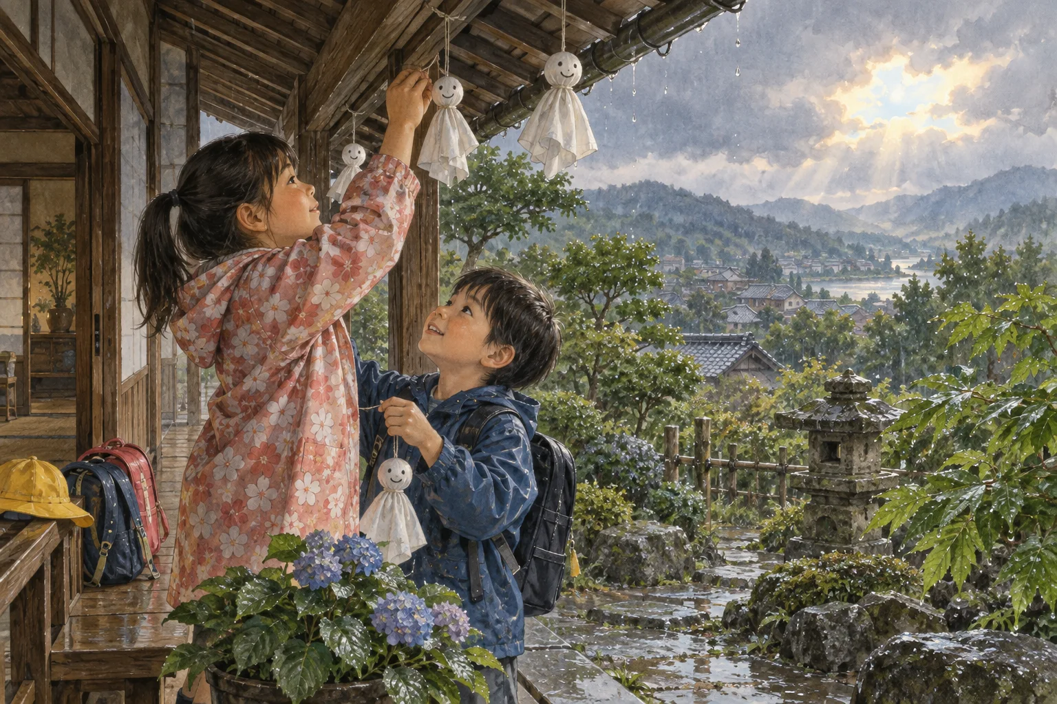遠足前に軒下へてるてる坊主を飾る子どもたち