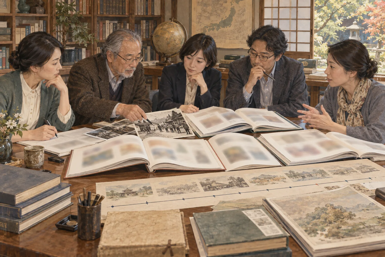 教科書の記述を資料と照合して検討する専門家たち