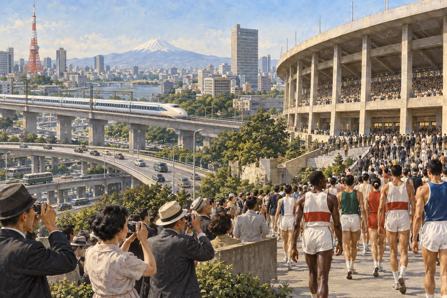 新幹線と競技場に沸く1964年の東京