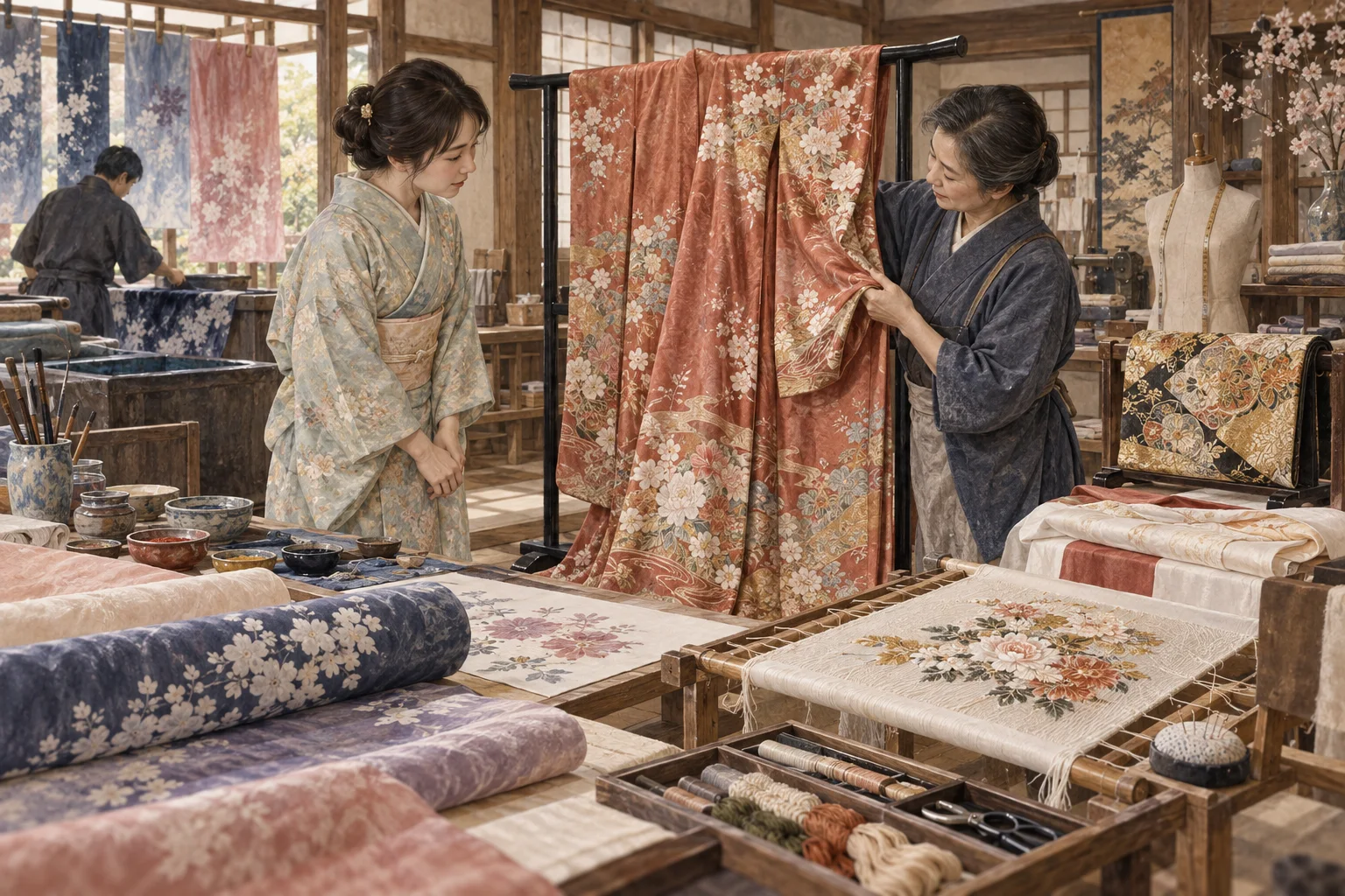 染めや刺繍や仕立てを重ねて着物を作る職人たち
