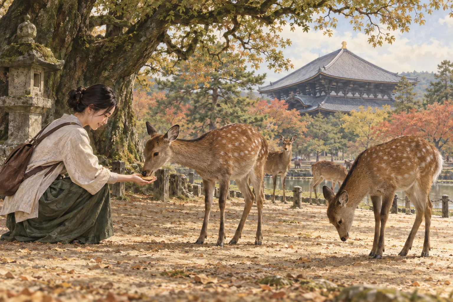 奈良公園で鹿せんべいを差し出す来園者