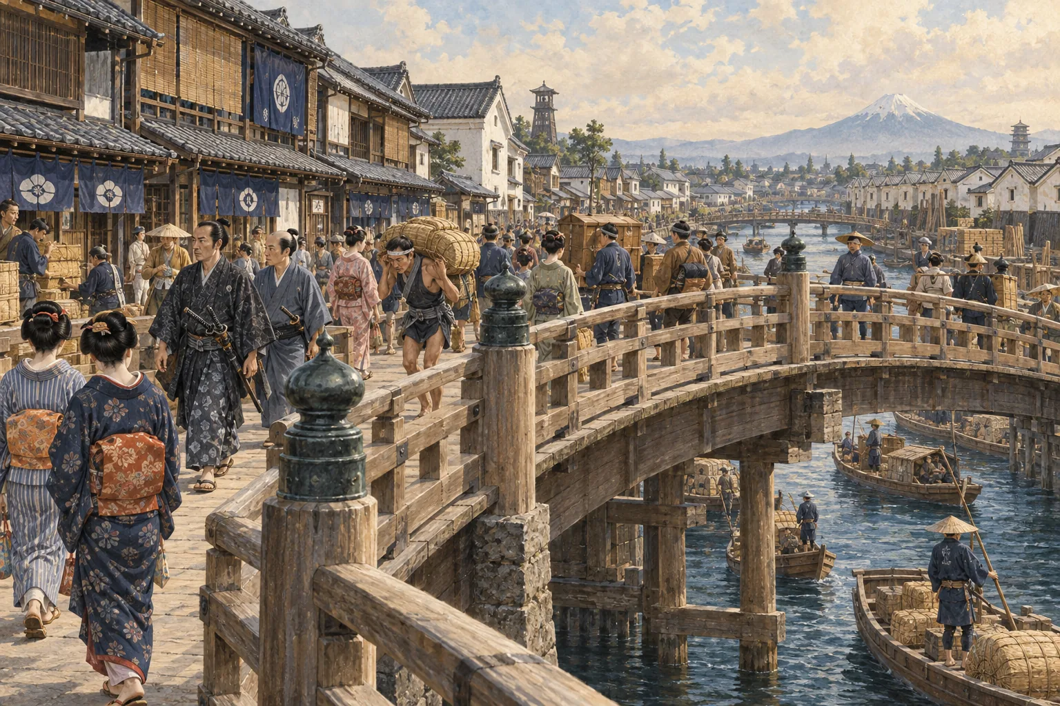 商人や職人でにぎわう江戸時代の日本橋