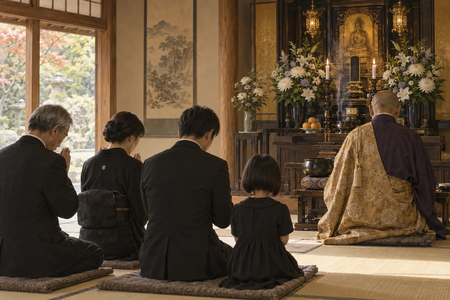故人の四十九日法要で静かに手を合わせる家族