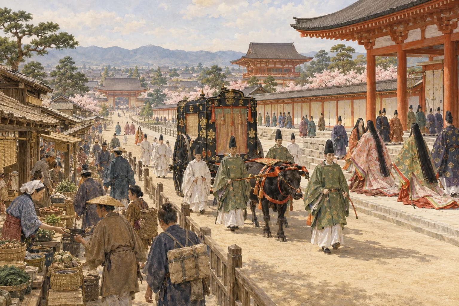 貴族の牛車と都の暮らしを描く平安時代の情景