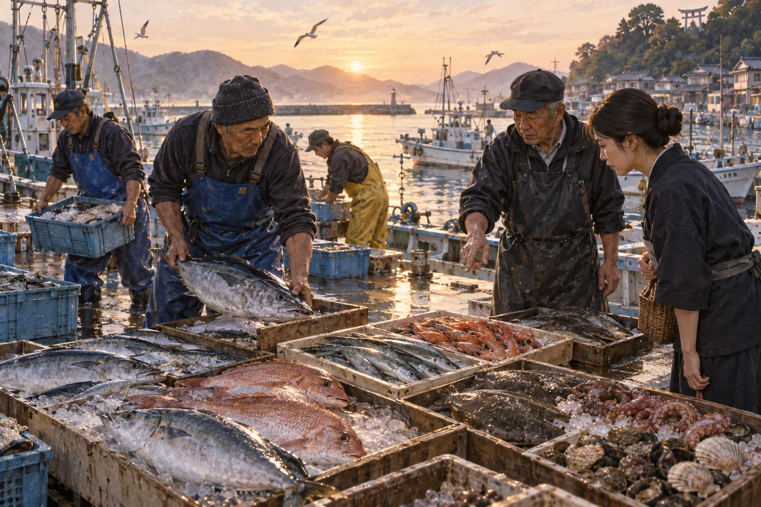 夜明けの漁港で水揚げされた魚を確認する人々