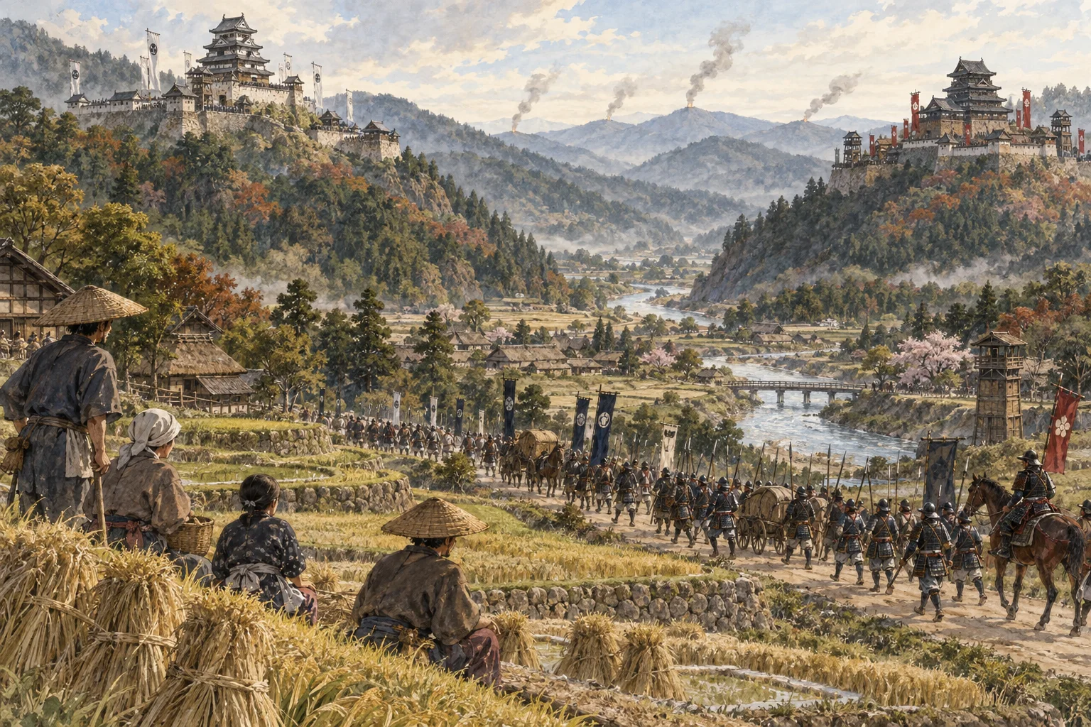 山城と軍勢、農村を見渡す戦国時代の情景