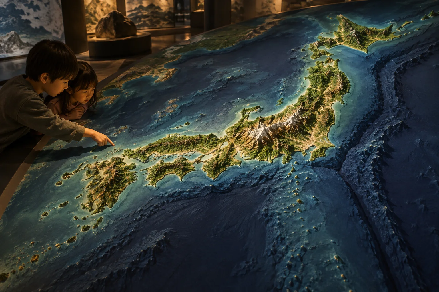 日本列島の細長い地形模型を観察する子どもたち