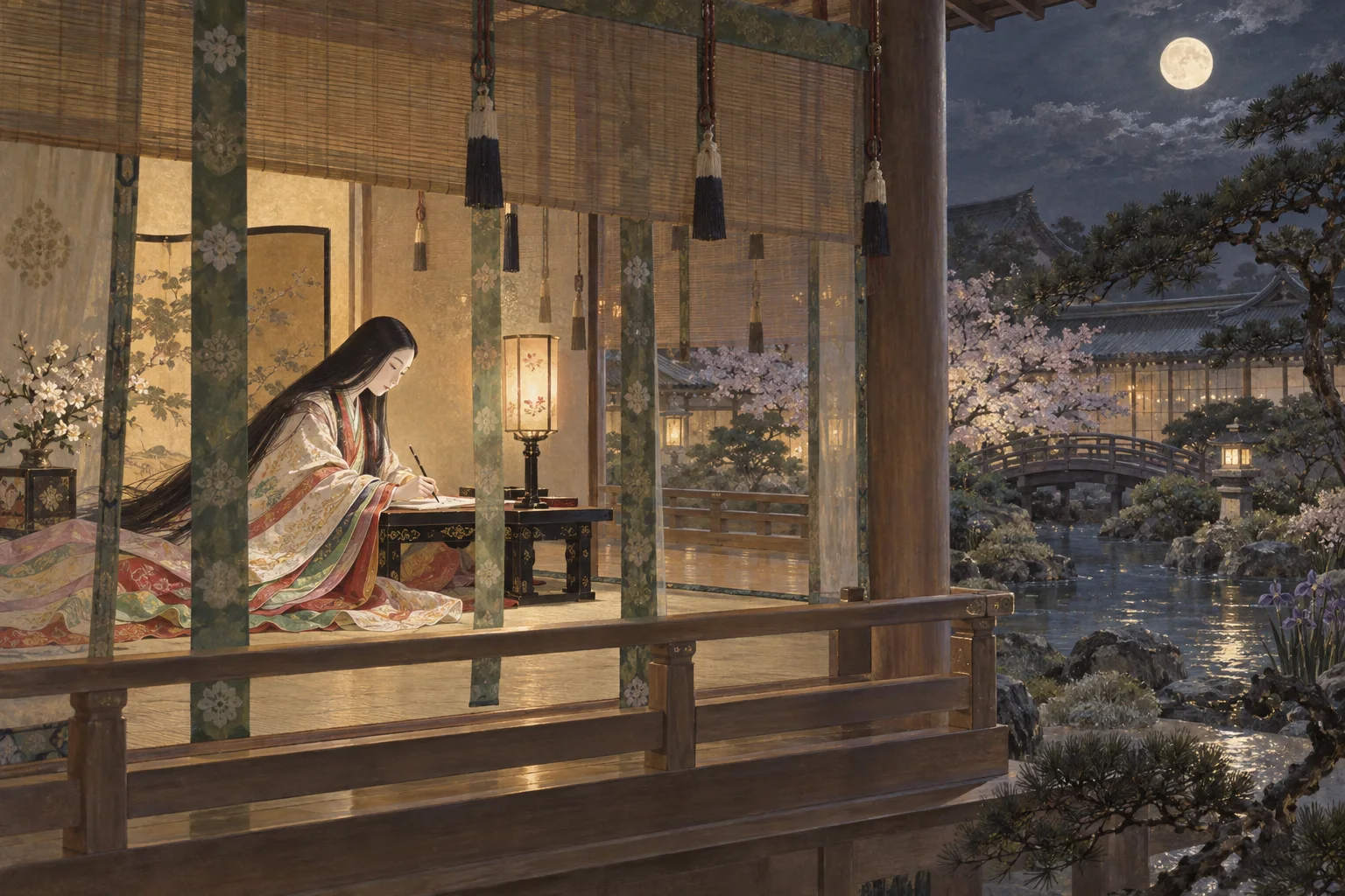 平安の御殿で物語を書く宮廷女性