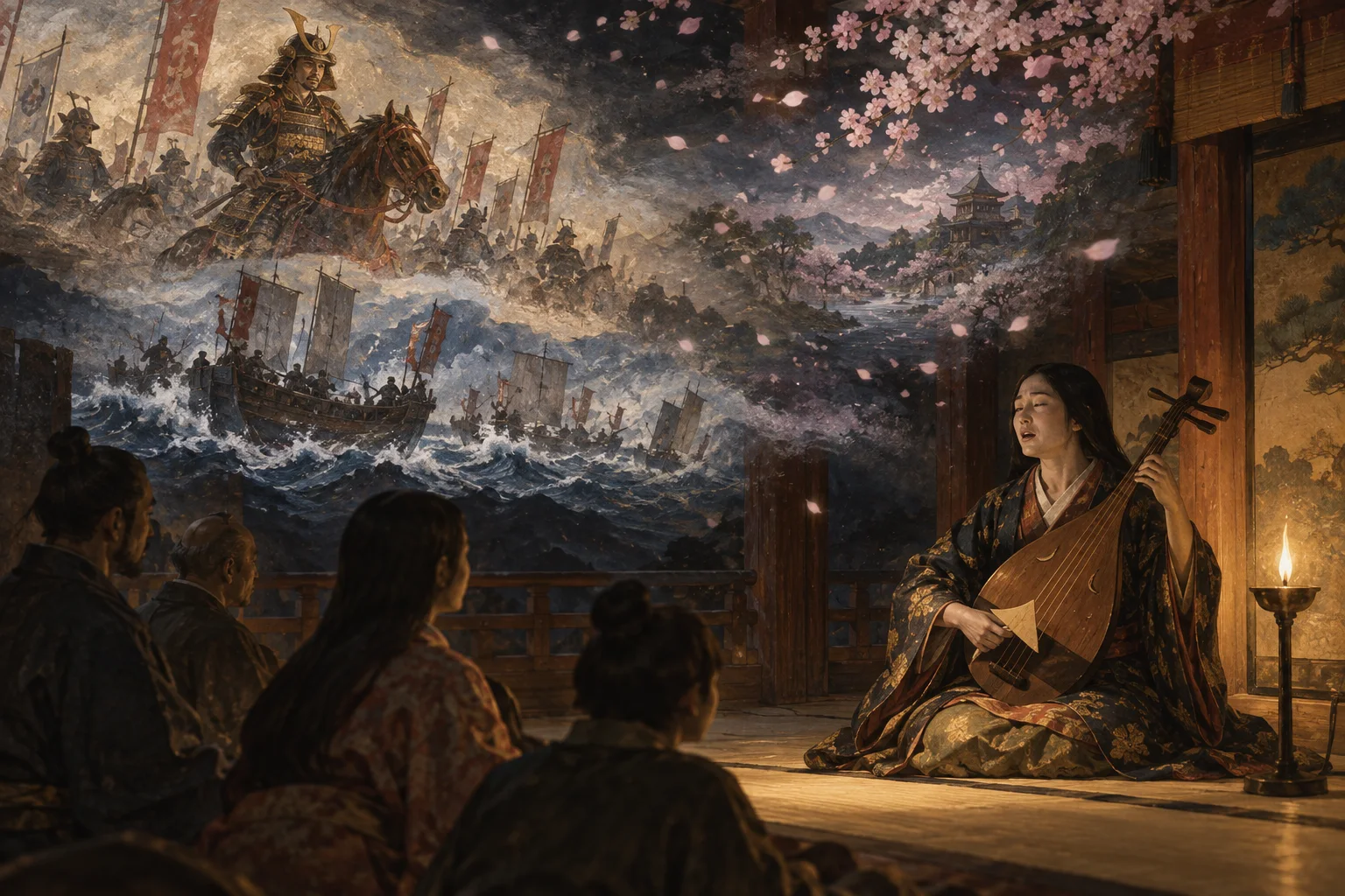 平家物語を琵琶で語る琵琶法師と聞き手