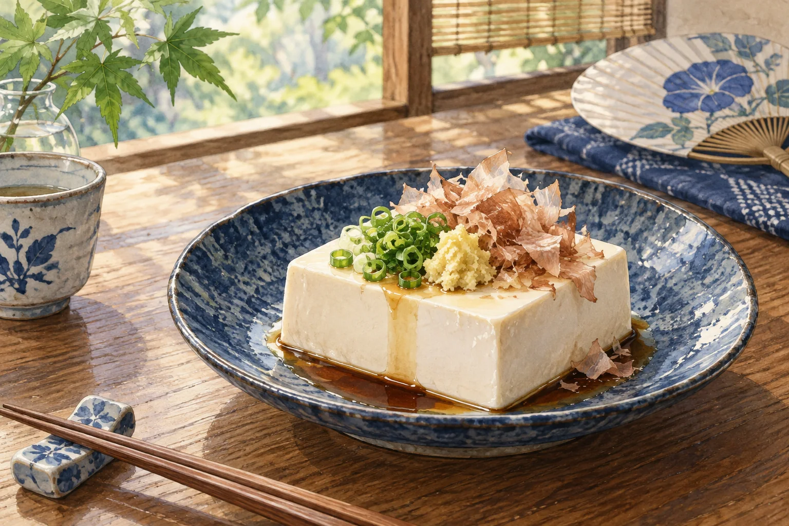冷奴にねぎ、生姜、鰹節を添えた一皿