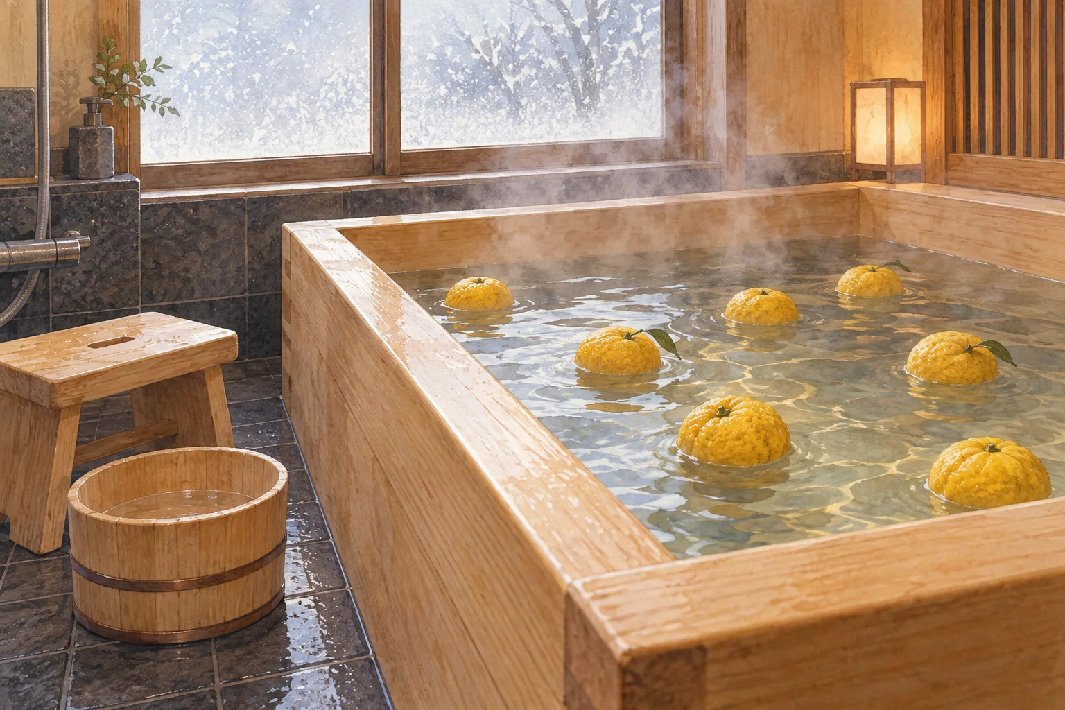 木の浴槽に浮かぶ黄色いゆずと温かな湯気