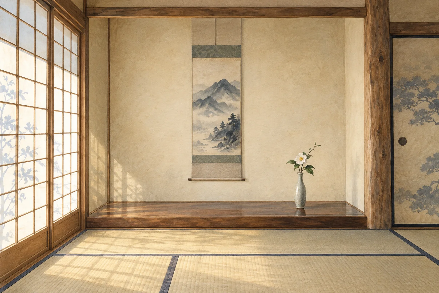 掛け軸と一輪の花を飾った、和室の床の間